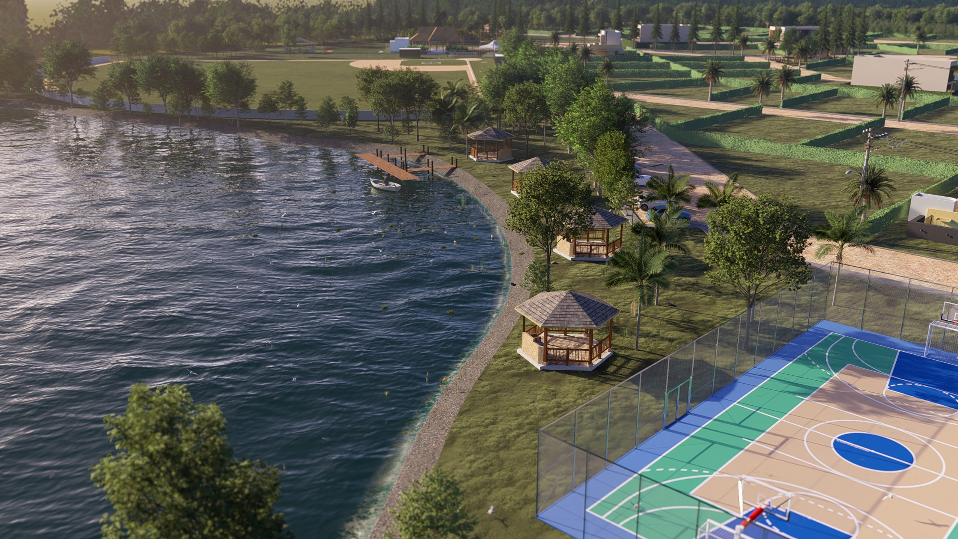 Muelle, gazebos y cancha junto al lago
