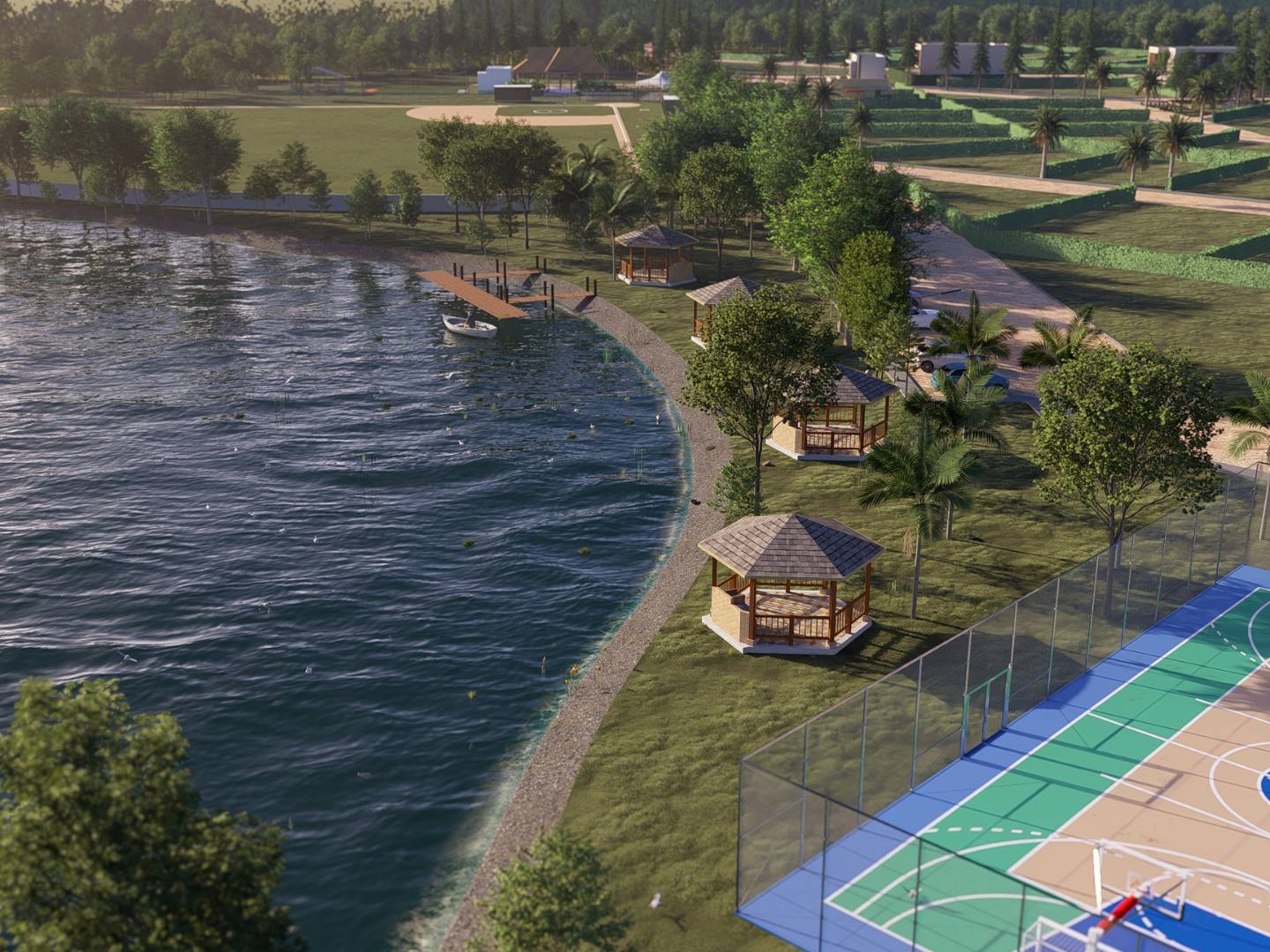 Orilla del lago con zonas deportivas
